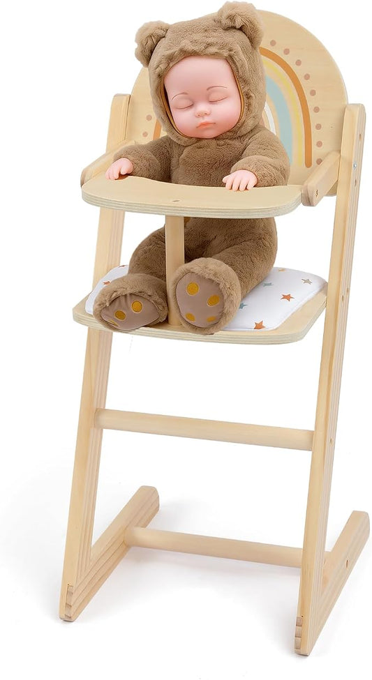 Freniland Wooden Doll High Chair with Cushion, Pretend Play Baby Doll Feeding Chair, Fits 18–20 Inch Dolls, Natural Wood Color for Girls Ages 3+