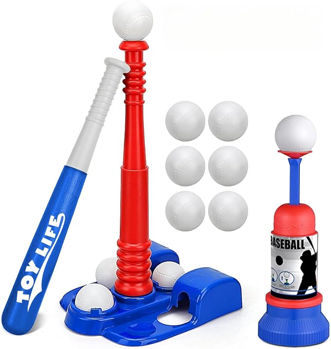 TOY Life Tball Set for Kids 3-5 & 5-8 - Toddler Baseball Tee and Bat Set with Ball Launcher & 6 Balls - Ideal Boy Toy Gift for Outdoor Play and Beginner Training