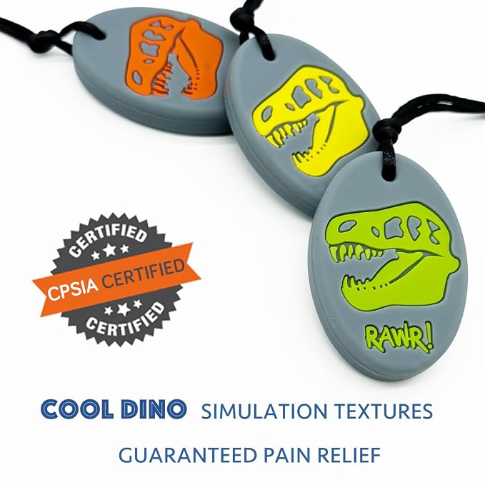 Xtra Tough (XT) Dino Sensory Chew Necklace for Kids, Boys or Girls - Chewing Necklace Teething Necklace Teether Necklace Chew Toys - Teething Toys Designed for Autism Aggressive Chewers