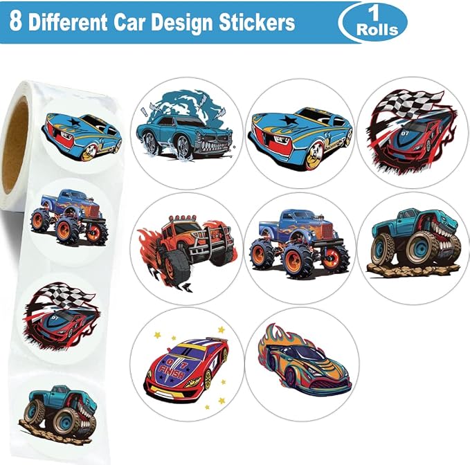 600Pcs Monster Truck and Race Car Stickers for Kids 1.5 Inch Car Stickers for Kids Boys Race Car Party Favors Birthday Decoration Supplies