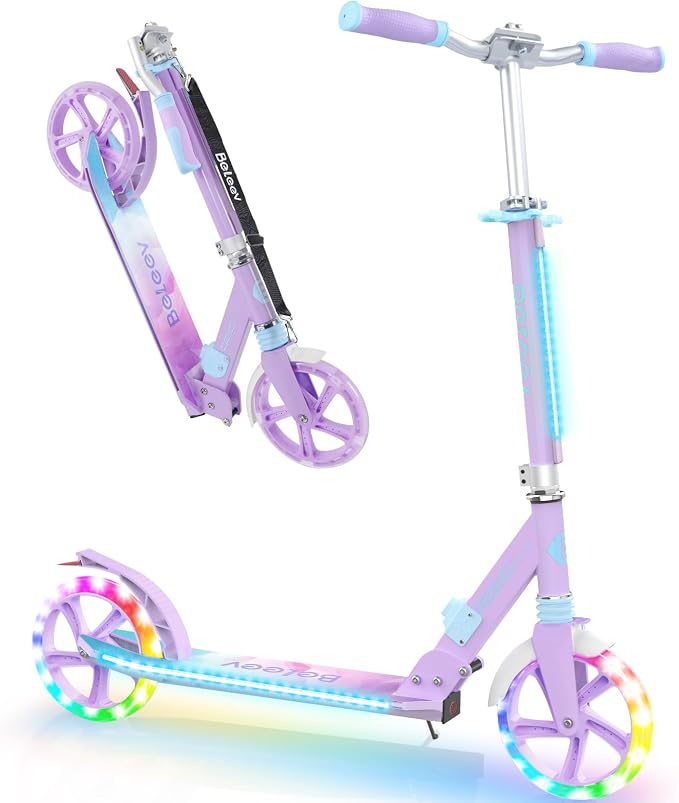 BELEEV V8 Scooters for Kids Ages 6+ with Light-Up Deck, 2 Wheel Folding Scooter for Kids, 4 Adjustable Height, Lightweight Sport Commuter Scooter, Sturdy Frame