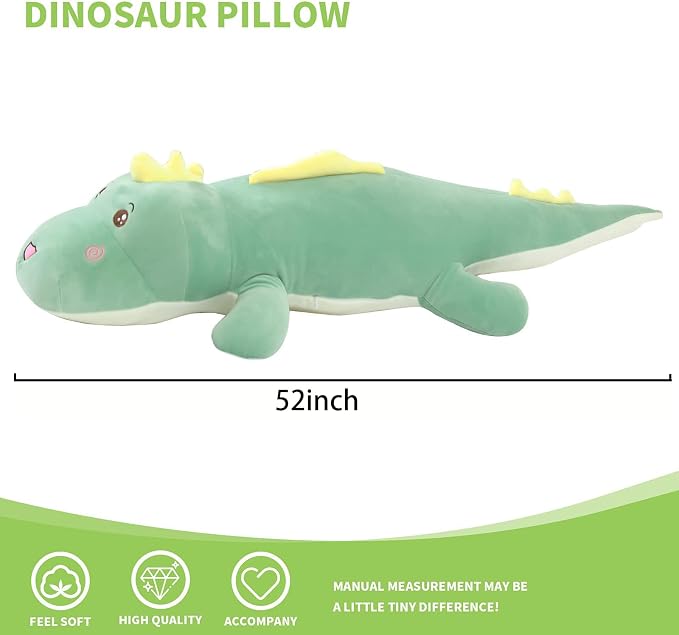Tianmihou 52 Inch Giant Dinosaur Plush Pillow, Jumbo Green Dinosaur Stuffed Animal, Soft Long Dino Body Pillow for Kids Boys Girls, Huge Dinosaur Plushie Cuddle Toy, Birthday Gift for Children