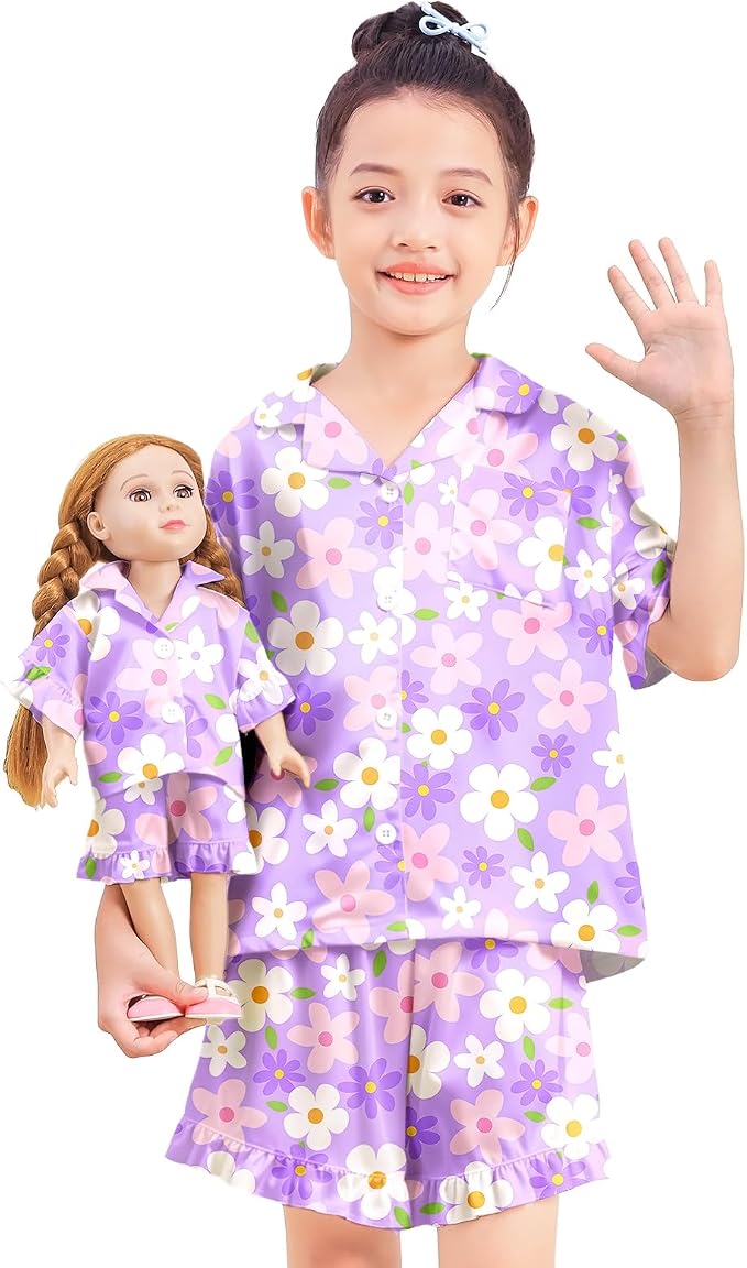 ICOSY Matching Doll & Girls Silk Pajamas Satin Pjs for Girls Button-Down Top and Shorts for 18" Doll Girl Clothes