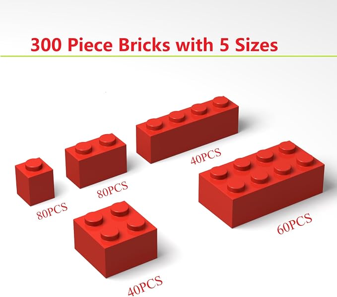 300Pcs Building Brick Bulk, Res Bulk Bricks with 5 Sizes, Compatible with Lego and Parts and Pieces, Creative Building Block Toys for Boys Girls Ages 6 7 8 9 10 Years Old