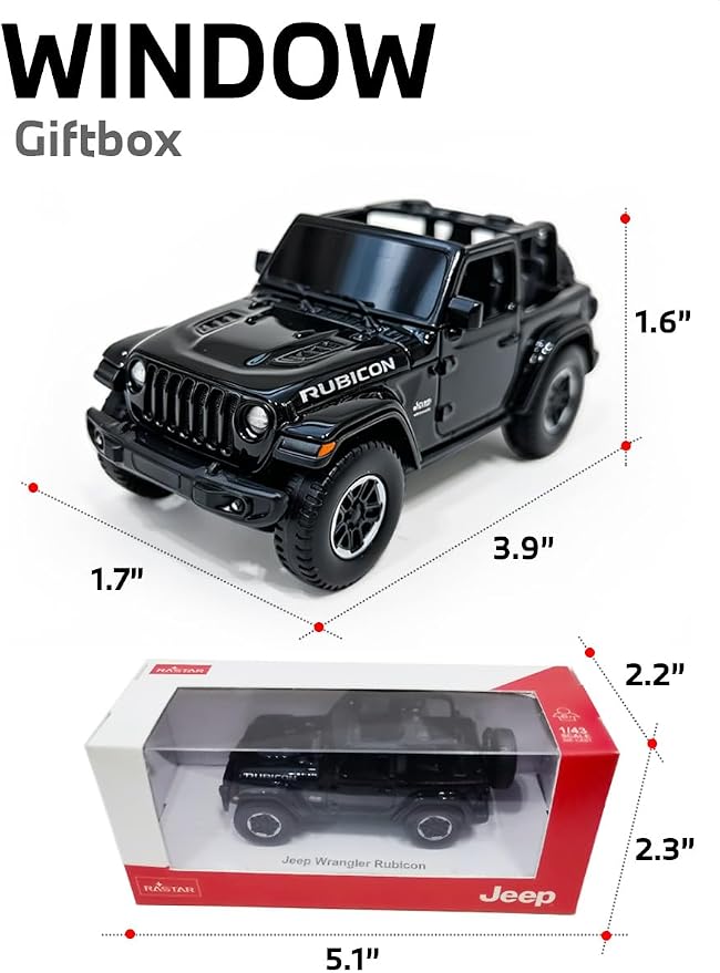 RASTAR 1/43 Diecast Model Car Jeep Wrangler Rubicon, Durable, 59000 | Officially Licensed, Ideal Gift, Zinc Alloy, Smooth Rolling Wheels, Great for Play & Display for Kids & Car Lovers Ages 3+
