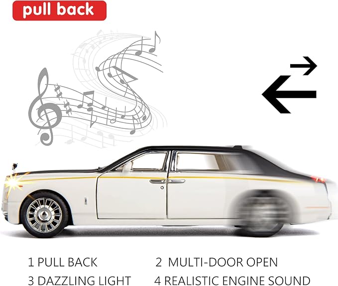 BDTCTK 1/32 Rolls-Royce Phantom Model Car,Zinc Alloy Pull Back Toy car with Sound and Light for Kids Boy Girl Gift(White)