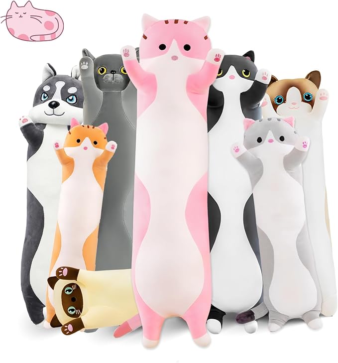Long Cat Plush Pillow, 35.4in Cute Pink Cat Plushie Stuffed Animals Body Pillow, Kawaii Kitten Soft Plushie Doll Toy Birthday Gift for Children Girlfriend