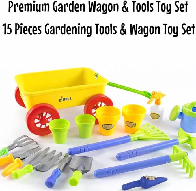 Dimple Kids Garden Wagon and Tool Set 15 Piece Toddler Gardening Playset with Plastic Garden Tools and Wagon Outdoor Play Toys for Yard Beach Sandbox Kids Gardening Kit for Boys and Girls Pretend Play