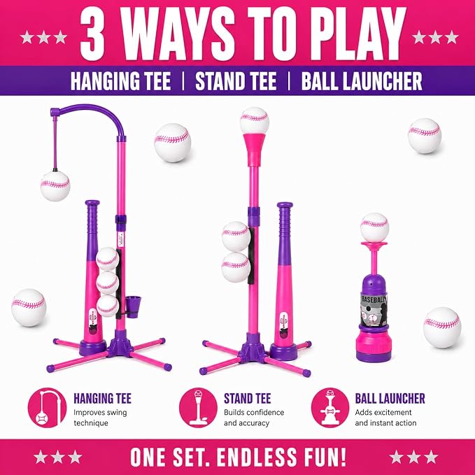3-in-1 Baseball Set for Kids and Toddlers Ages 3-5 – Includes Tee Ball Stand, Hanging Tee, Automatic Ball Launcher, and 6 Softballs – Adjustable Height for Indoor/Outdoor Play – Sports Gift for Girls