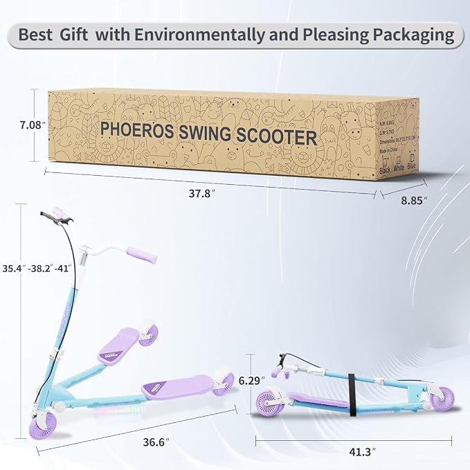 PHOEROS Upgraded Swing Wiggle Scooter,3 Wheels Drifiting Kick Scooter for Kids Ages 6-12,Teens&Adults,Youth Drifting Scooter with LED Light/4 Height Adjustable/Foldable Best Gift for Kids