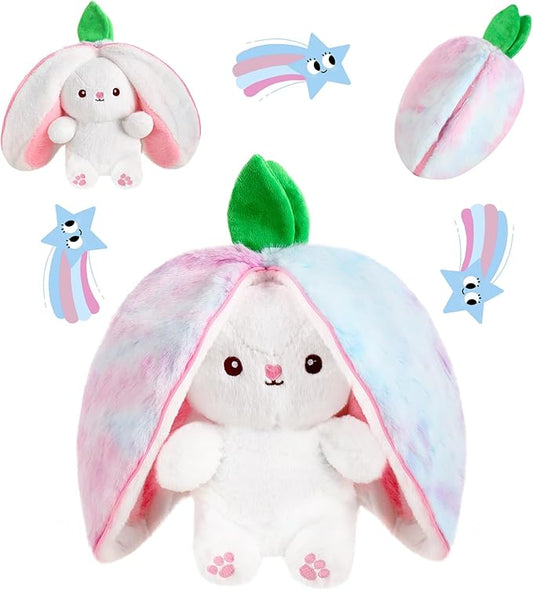 MIAODAM Rainbow Strawberry Bunny Stuffed Animal, Strawberry Bunny Plush Turn Into Rabbit Fruit Doll, Plushie Cute Bunny Toy for Kids (10 inch)