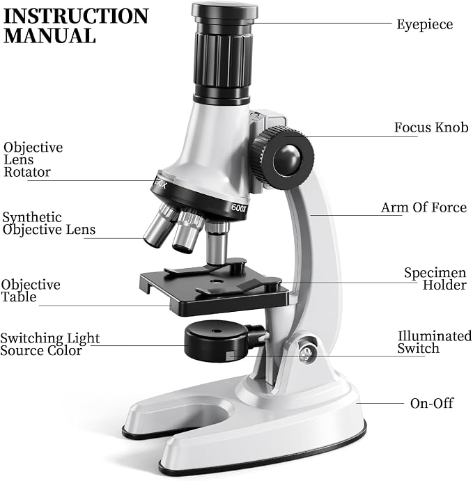 65 Pieces Microscope Kit for Kids Ages 5-7 8-13, 100X-1200X Magnification with 7 Colors of LED Lights and 12 Prepared Slides, Science Experiment STEM Kits for Boys and Girls Age 8-12 Years