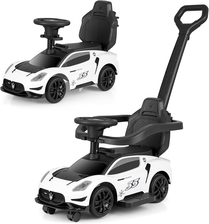 OLAKIDS Push Car for Toddlers, Licensed Maserati 3 in 1 Baby Ride on Sliding with Parent Control Handle, Universal Wheels Safe Guardrails Under Seat Storage, Kids Walking Toy with Music Horn (White)