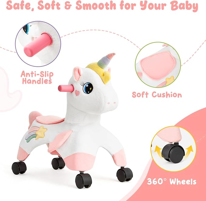 FUNLIO Unicorn Ride On Toys, Toddler Ride On Toys with 360° Wheels, Toddler Bike Designed to Develop Balance & Coordination, for Indoor/Outdoor Play, Easy to Assemble, CPC & CE Certified
