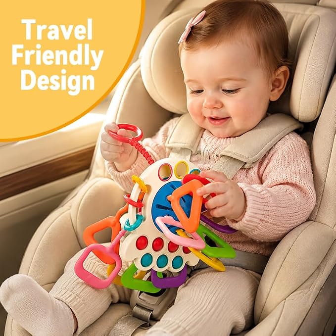 Baby Toys 6-12 Months, Montessori Silicone Pulling Toy for Babies, 6 in 1 Pull String Sensory Toy, Baby Teething Toy, Car Seat & Stroller Toys, Gift for 1 Year Old Boy Girl