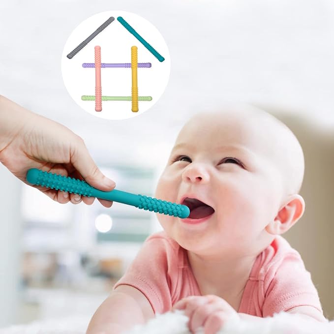 Hollow Teething Tubes Toys for Babies Girls Boys, 6 Pack Silicone Baby Teether Toy Tube for Infants with Nursing Biting Chewing, Chew Straws for Toddlers 6-12 Months (Style B)