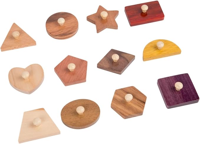 Montessori Toys for Toddlers 18M+, Wooden Shape Peg Puzzles for Kids 2 3 Years Old, Baby Puzzle Board with Knob & Classic Color, Preschool Educational Learning Toy‒Shape Sorter (12 Geometric Shapes)