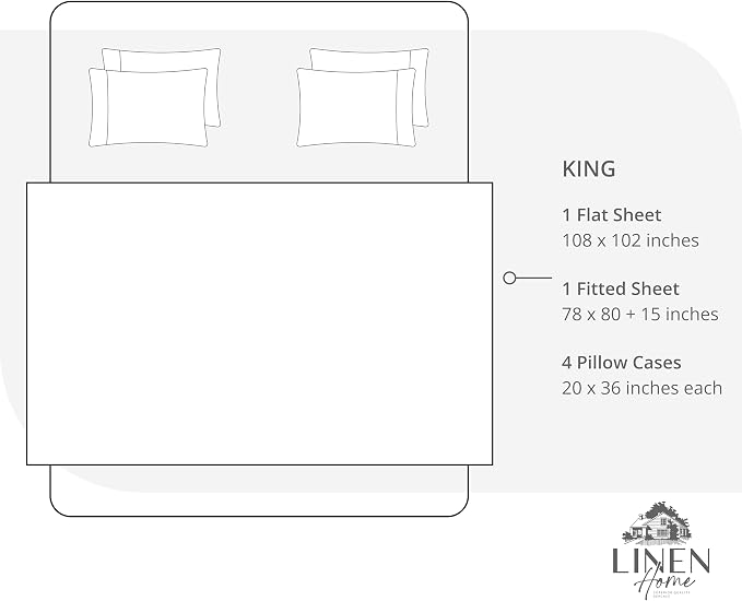 Linen Home 6 Piece King Size Cotton Sheet Set, 100% Cotton Percale, 4 Pillowcases, Deep Pocket with All Around Elastic Sheet, Crisp Breathable Bedding, Hotel Luxury, Long-Staple Combed Cotton, Ivory