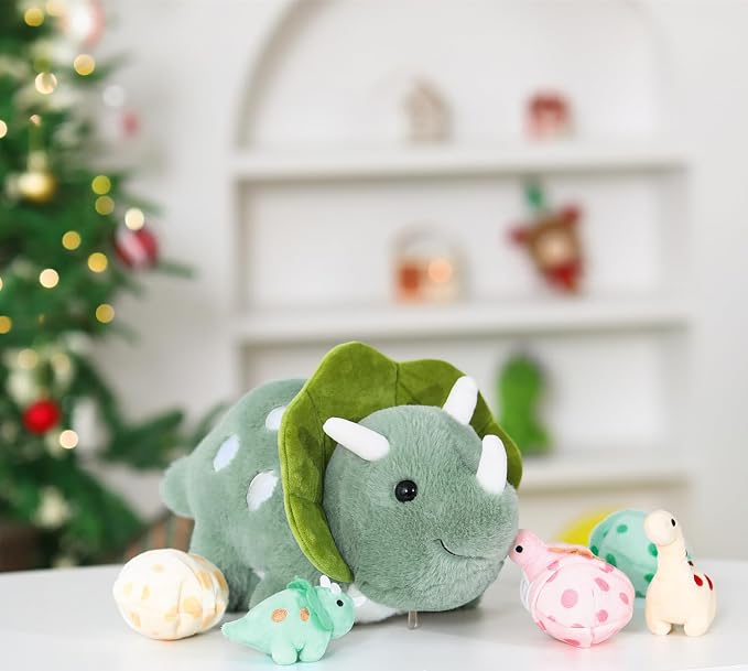 Dinosaur Stuffed Animal Set, 17.6 Inch Green Mommy Dinosaur Plush with 3 Baby Dinosaurs, Triceratops Stegosaurus Diplodocus Plush Toys for Girls Boys Kids, Cute Dino Christmas Birthday Gift