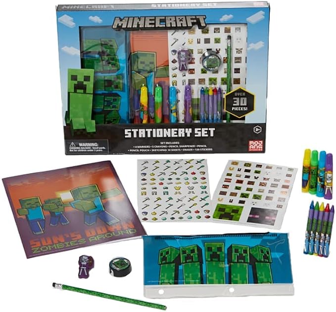 Innovative Designs Mine Craft Kids Coloring Art and Sticker Set,30 Pcs.School and Craft Supplies with Pencil Case,Blue