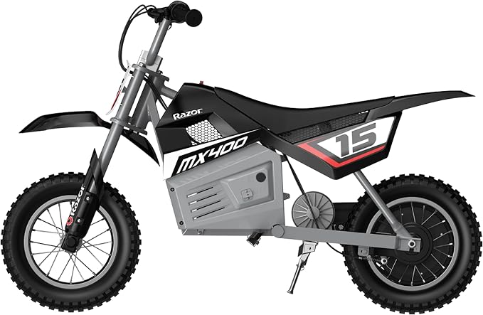 Razor MX400 Dirt Rocket Electric Bike for Kids Ages 8+, 140 lb Max Weight, Black – 24V Battery, Up to 14 Mph, 30-Min Ride Time on High Speed, Twist-Grip Throttle, Spoked Wheels w/ 12” Pneumatic Tires