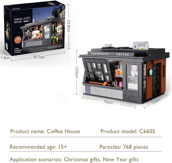 Coffee House Building Blocks Set with Lights, Detailed Street View Architecture Model, Café Interior & Accessories, Gift for Teens Adults 14+(768pcs)