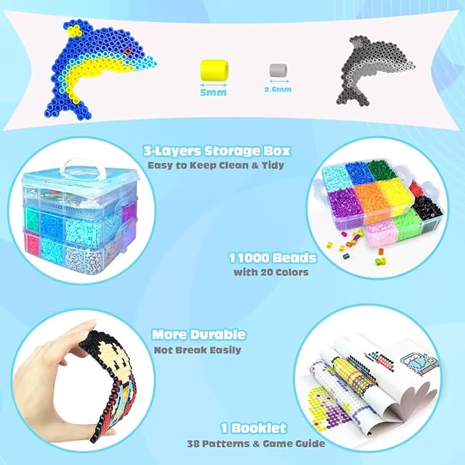 11000 Fuse Beads Kit - 20 Colors 5mm Bead Craft Set with Storage Box, Pegboard, Ironing Paper and Accessories, Arts and Crafts Kits for Kids Age 5+ Christmas Birthday DIY Craft Gift for Girls & Boys