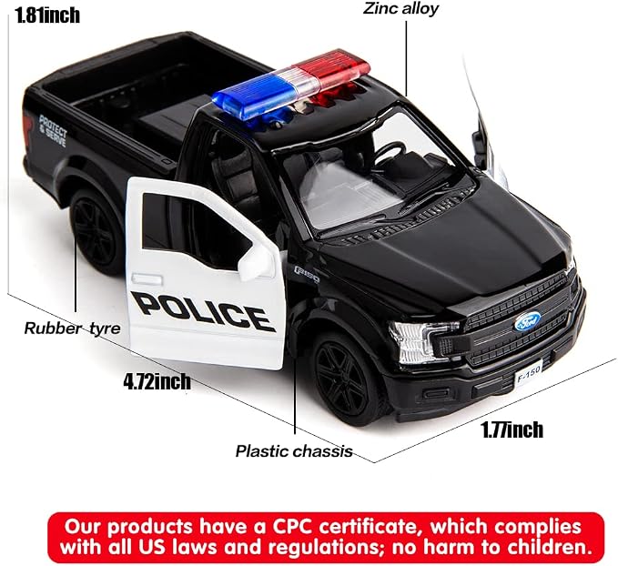 BDTCTK 1/36 Scale Compatible for Ford F150 Pickup Truck Police Car Model, Zinc Alloy Die-Cast Pull Back Vehicles Kid Toys for Boy Girl Gift (Black)