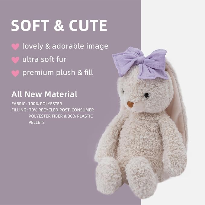 Bunny Stuffed Animal Soft Rabbit Cuddly Toy 10'' Long - Eared Plush Bunny with Purple Bow Plush Toys for Babies and Toddlers