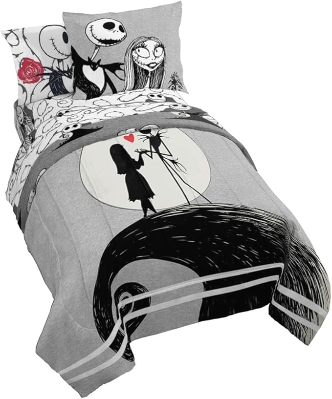 Jay Franco Disney Nightmare Before Christmas Moonlight 7 Piece Full Bed Set - Includes Reversible Comforter & Sheet Set - Features Jack Skellington and Sally - Super Soft Microfiber
