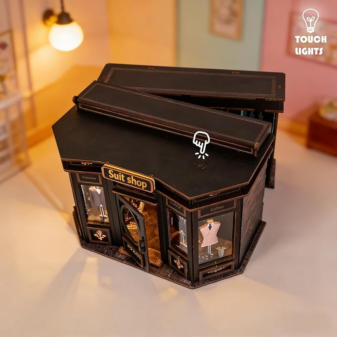 Book Nook Kit LED Wooden Miniature Suit Shop, 3D DIY Dollhouse Assembly Model with Crafted Interior, Creative Hobby Building Set for Adults