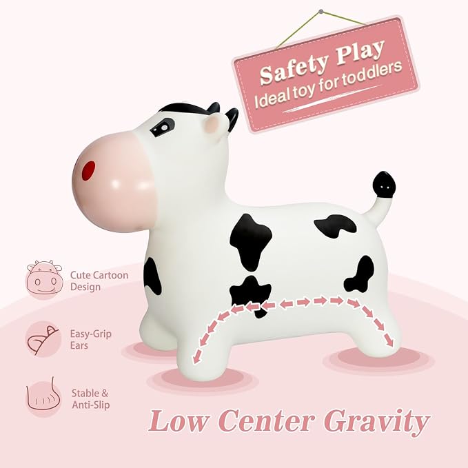 INPANY Bouncy Horse, Cow Hopper Toys, Toddler Bouncing Farm Animal, Inflatable Ride on Rubber Bouncer, Outdoor Indoor Birthday Gift for 2 3 4 Yr Boy Girl