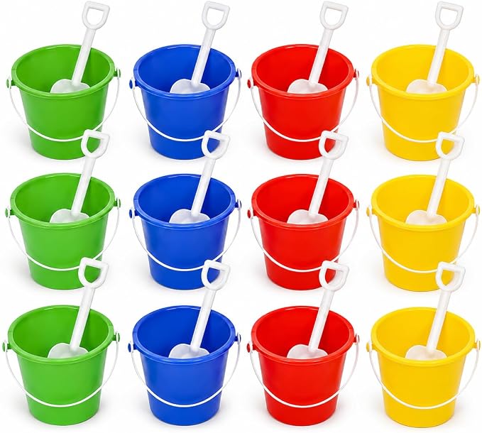 The Dreidel Company Beach Day Playsets 12-Pack, 5.5" Sand Bucket Each Play Set Box Includes, 1 Pail, 1 Shovel Toy for Boys and Girls Birthday Party Favor