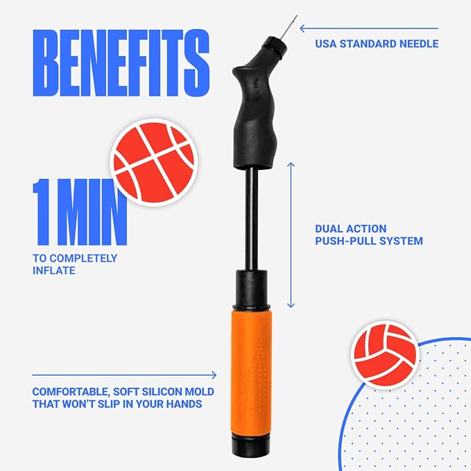 SPORTBIT Ball Pump for Sports Balls - Push & Pull Inflating System - Hand Pump for Exercise Balls - Volleyball Pump, Basketball Inflator, Ball Air Pump - Goes with 5 Needles Set