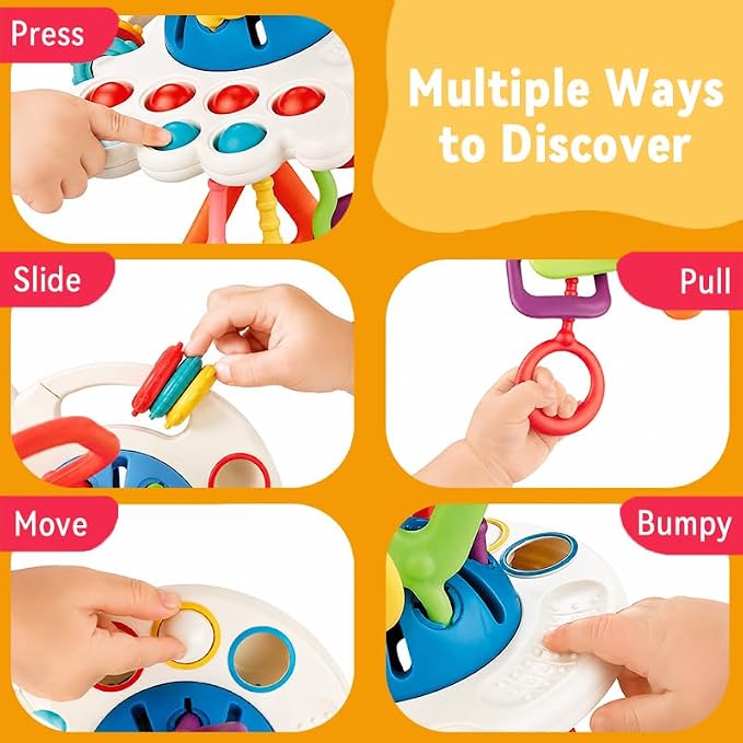 Baby Toys 6-12 Months, Montessori Silicone Pulling Toy for Babies, 6 in 1 Pull String Sensory Toy, Baby Teething Toy, Car Seat & Stroller Toys, Gift for 1 Year Old Boy Girl