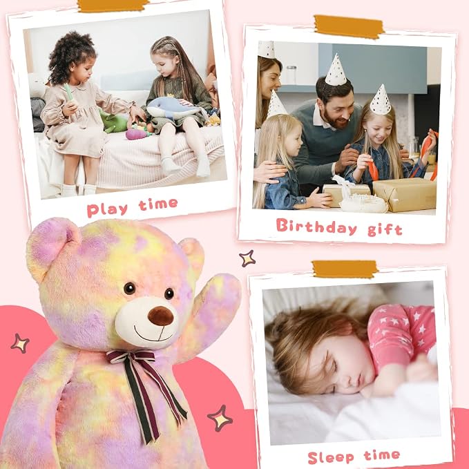 Tezituor Valentine Big Teddy Bear,52'' Giant Stuffed Animal,Large Soft Bear Plush Toy,Plushie for Warmth & Comfort for Girlfriend Girls Boys Girlfriend for Christmas, Birthday,Rainbow Yellow
