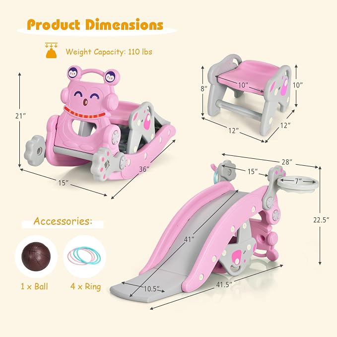 Costzon 5 in 1 Toddler Slide Rocking Toy, Slide for Kids with Detachable Stool, Basketball Hoop and Ring Game, Foldable Climber Playground Slide for Both Indoors Outdoor Use (Pink Penguin)