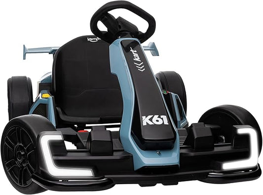 KerryYoo K61 Go Kart Electric Drift Kart with Length Adjustable Seat, 24V Outdoor Ride on Toy with 4 Speed Mode, Crazy Kart for Kids 6-12 Years Old, Fast 300W Motor, 8.5 MPH, Bluetooth - Blue