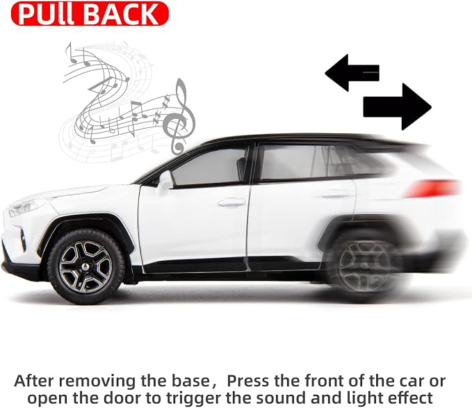 WAKAKAC Model Car 1/32 RAV4 Alloy Diecast Collectible Toy Car with Light and Sound Toy Vehicle Door Can Be Opened for Boys Kids Toddler Gift (White)