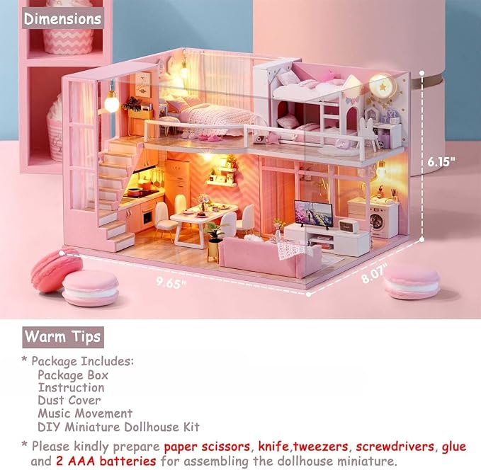 TuKIIE DIY Miniature Dollhouse Kit with Furniture, 1:24 Scale Creative Room Mini Wooden Doll House Accessories Plus Dust Proof & Music Movement for Kids Teens Adults(Dream Angels)