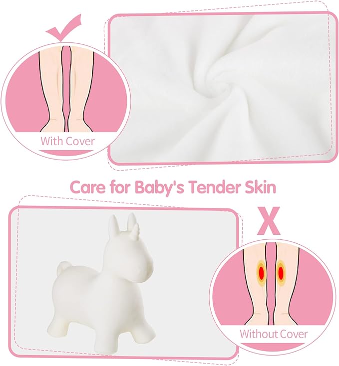 INPANY Unicorn Bouncy Horse Toys, Inflatable Unicorn with Ultra Thick Plush | Soft Washable Cover, Thick PVC, Stable 4-Leg Base, Cute Unicorn, Easy Inflation, Indoor & Outdoor Play, Gifts for 2-4 Kids