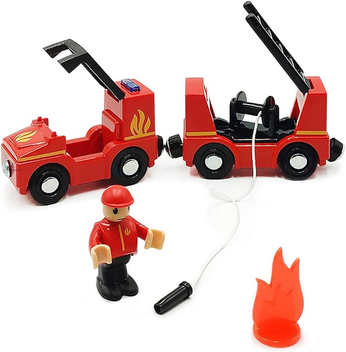Wooden Train Cars Track Accessories Set Rescue Fire Truck Small Vehicles Magnetic Train Cars Fit for Wooden Train Track Railway for Boys and Girls (Fire Truck(with Light and Sound))