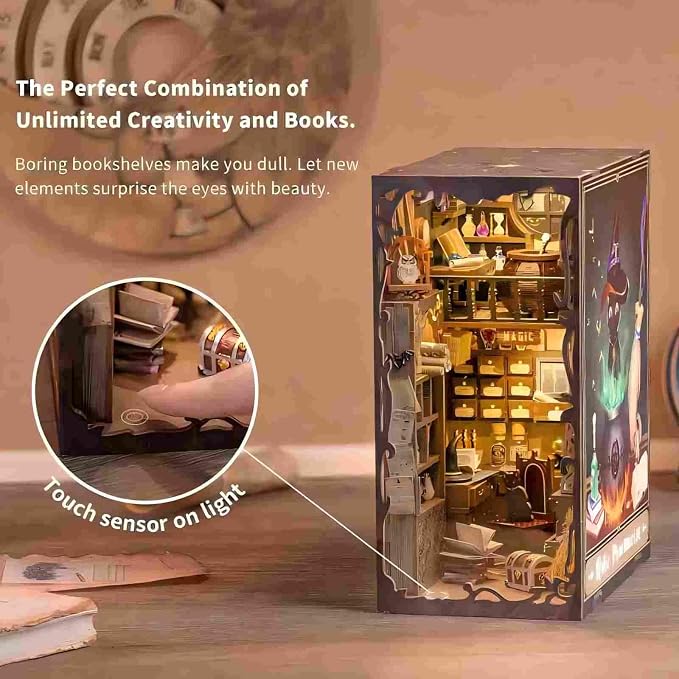 Fsolis Book Nook Kit, 3D Wooden Puzzle for Adults (Magic Pharmacist) | DIY Miniature Magic House Kit, 282 Wood Pieces, Bookshelf Decor with Light and Dusk Cover, Gifts for Women Teens