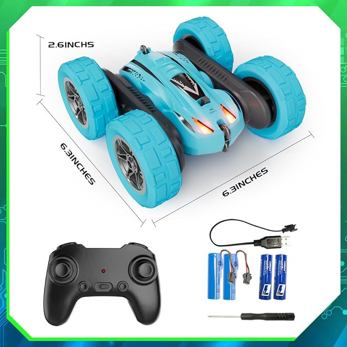 Remote Control Car, 4WD 2.4GHz Double-Sided RC Stunt Car, 360° Rotating Electric Rechargeable Toy Car with LED Lights, Gift for Boys Girls Ages 6+(Blue)