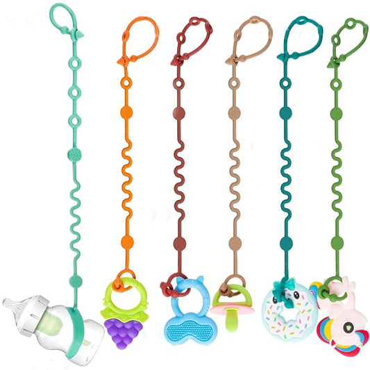 LittleHugs Toy Straps for Baby, Adjustable Toy Holder for Stroller Accessories, Silicone Tether Pacifier Clip, No Throw Baby Travel Essential Leash for High Chair, Car Seat (6-Pack)