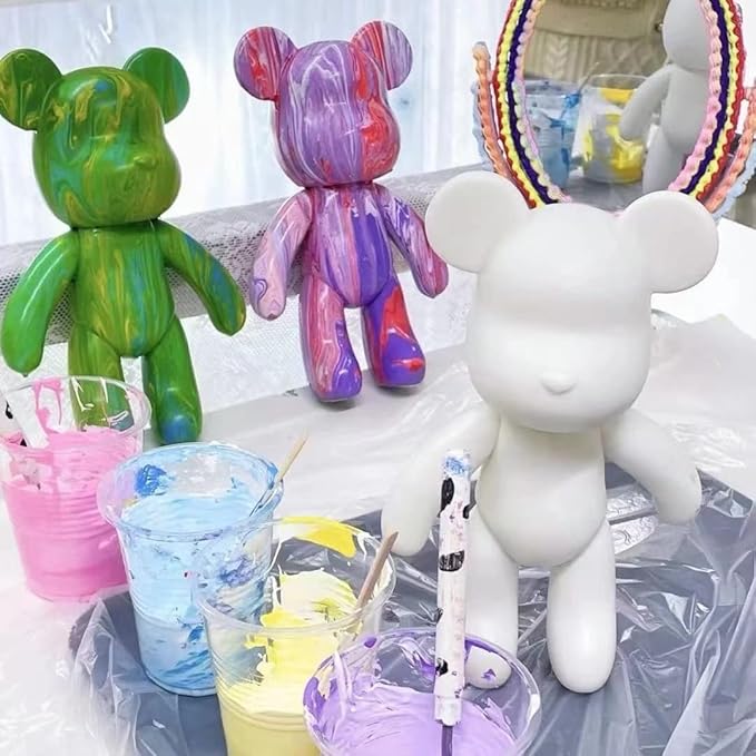 HANDA DIY Painting Fluid Bear Teddy Bear Painting Kit Set Creative Home Decorations Handmade Doll Figurine Toys Gift for Birthday Valentines (13.4 inch, Green+Black+White)