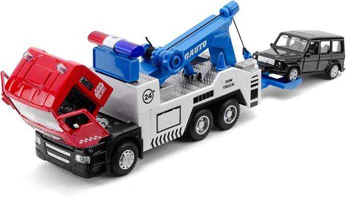 haomsj Toy Tow Truck Pull Back Toy Cars Miniature Carrier Truck Toy for Boys and Girls, Lights and Sound