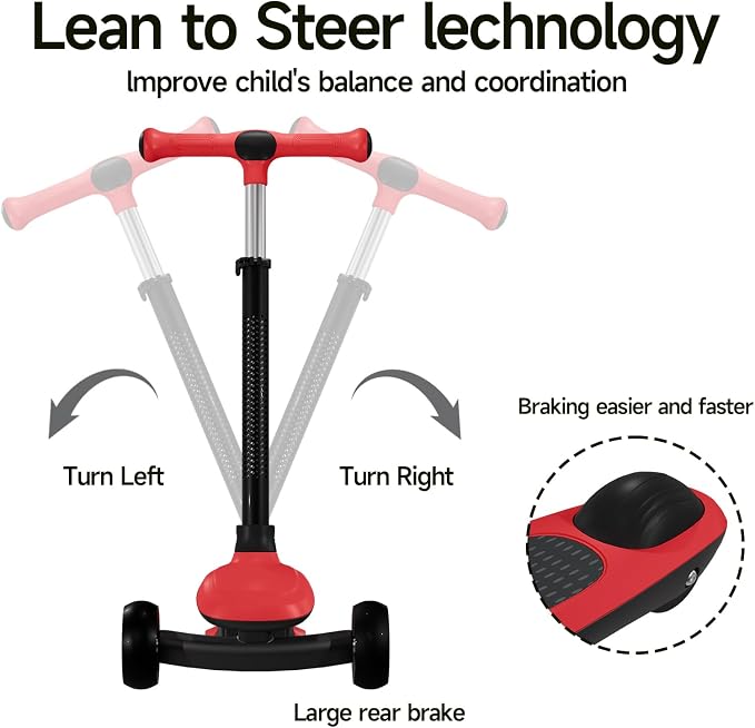3 Wheel Kick Scooter for Kids, Adjustable Height Foldable Toddler Scooter, Stable Lean-to-Steer Wide Standing Board Scooters
