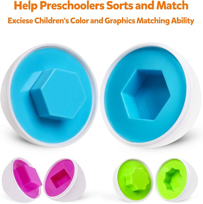 Montessori Geometric Eggs,12 pcs Set Color & Shape Egg Puzzle Toys Matching Eggs for Toddlers 1-3,Preschool Educational Sorting Game Fine Motor Toy Easter Gifts for Kids Boys Girls