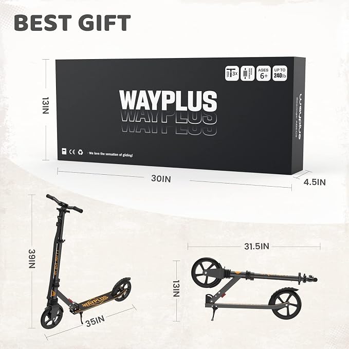 WAYPLUS KS1 Kick Scooter for Ages 6+,Kid, Teens & Adults. Max Load 240 LBS. Foldable, Lightweight, 8IN Big Wheels for Kids, Teen and Adults, 4 Adjustable Levels. Bearing ABEC9 FED Fitness